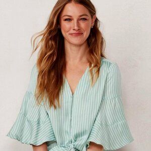 🌼 LC Lauren Conrad Striped Tie Front Bell Sleeve Button Front Blouse, Sage S